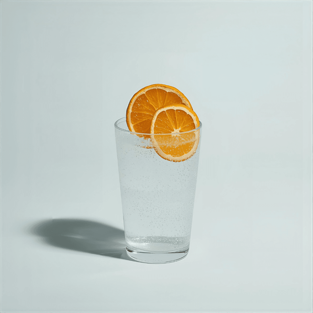 Photo of two dehydrated orange discs in a glass of sparkling water