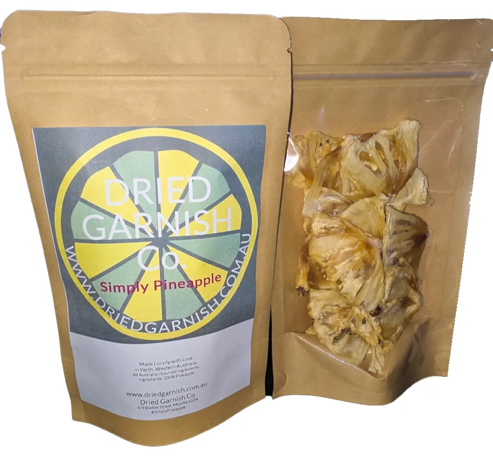 Photo of the Dried Garnish Simply Pineapple pack front and back.