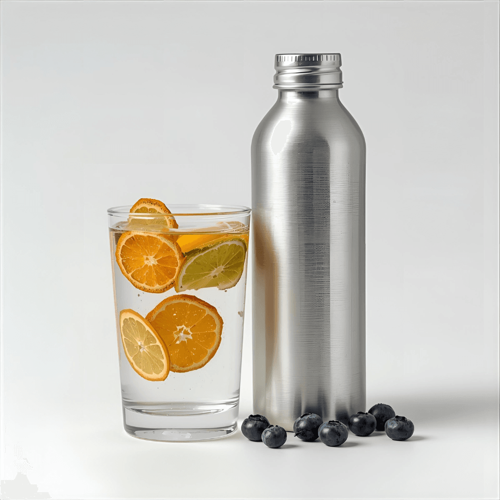 Photo of a glass of water with dehydrated citrus discs and a bottle next to it