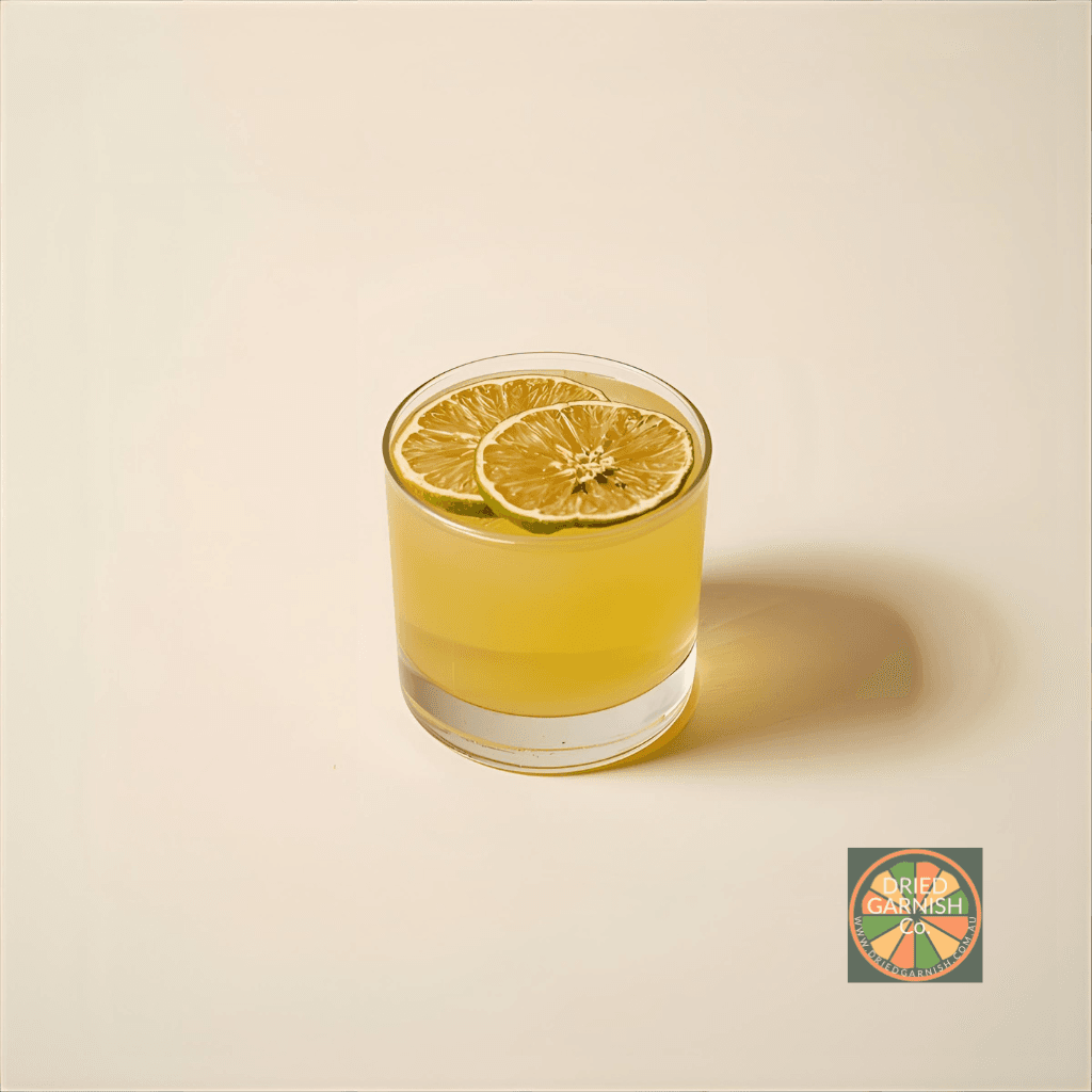 Photo of a cocktail with a Dried Garnish Strictly Lime disc on top.